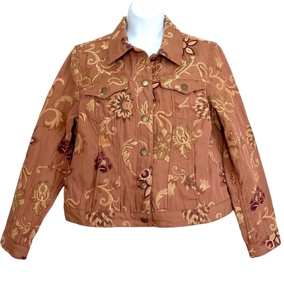 Jean-style Brown Jacket Petite Large Floral Western Button-down Front - Picture 1 of 13